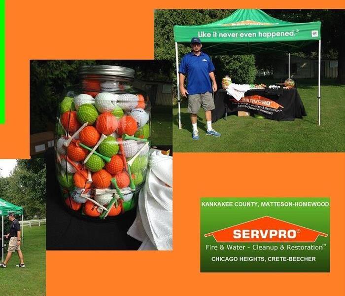 college of 3 photos on an orange background of golf balls in a bottle, SERVPRO logo and a male in front of a tent