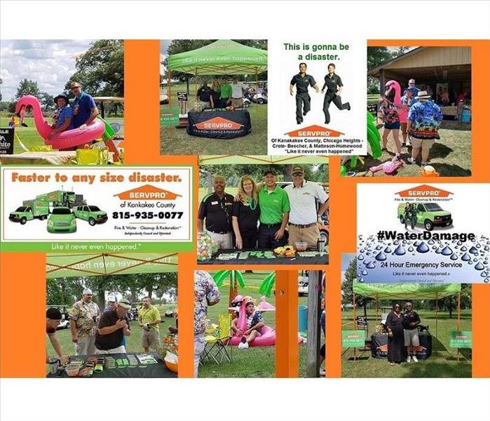 Ten images in a collage depicting a golf outing with participating fire departments and SERVPRO representatives
