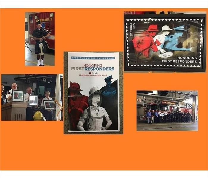 Five photos in a collage documenting ceremony in firehouse 