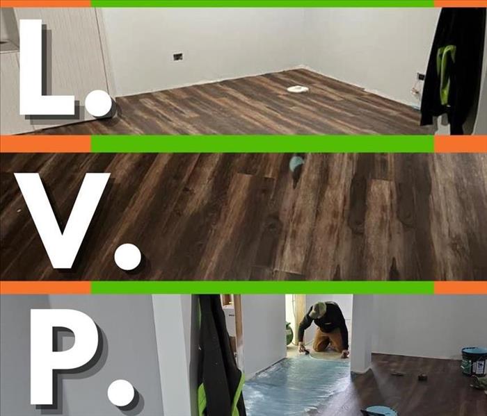 picture shows 3 images of luxury vinyl plank and the SERVPRO logo with an orange and green background 