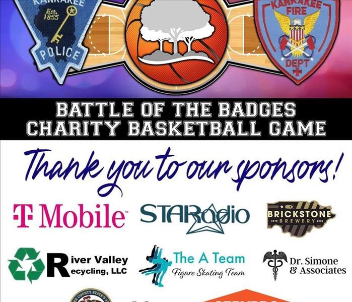 Flyer for the charity basketball game showing the name of the event on top and the sponsors, including SERVPRO on bottom